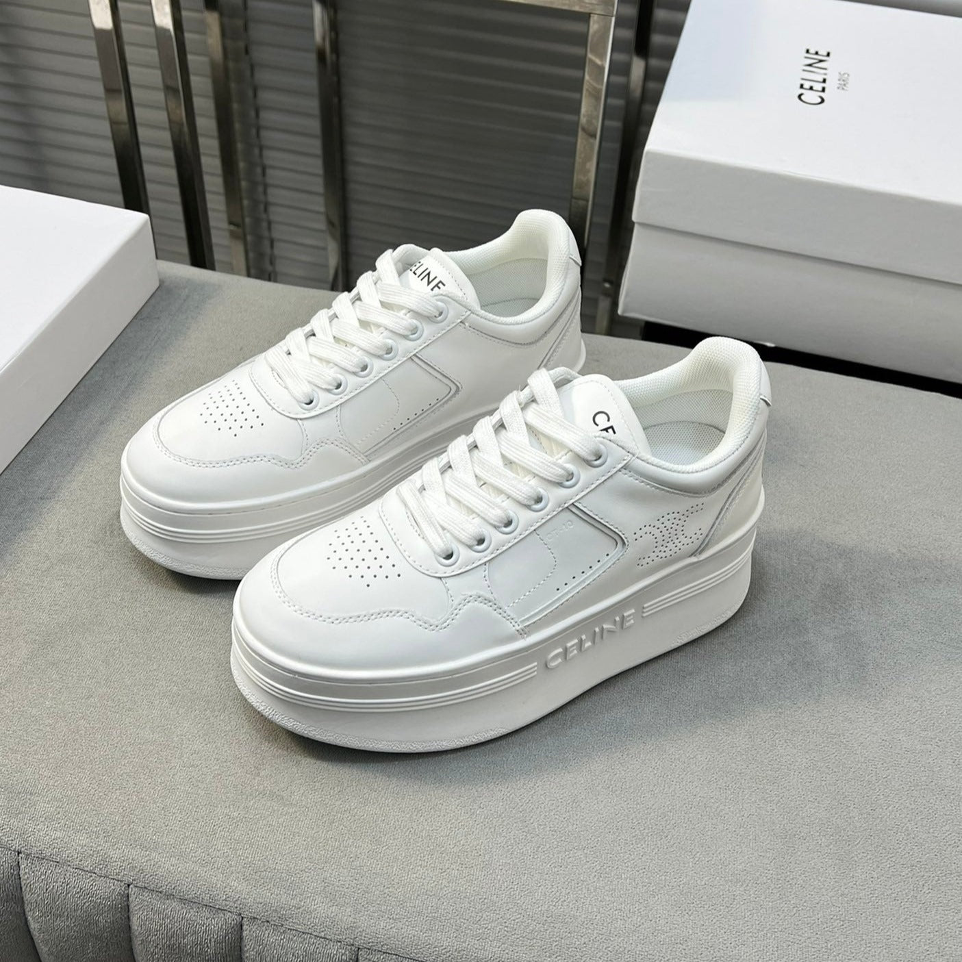 BLOCK SNEAKERS WITH WEDGE OUTSOLE IN CALFSKIN OPTIC WHITE - 35