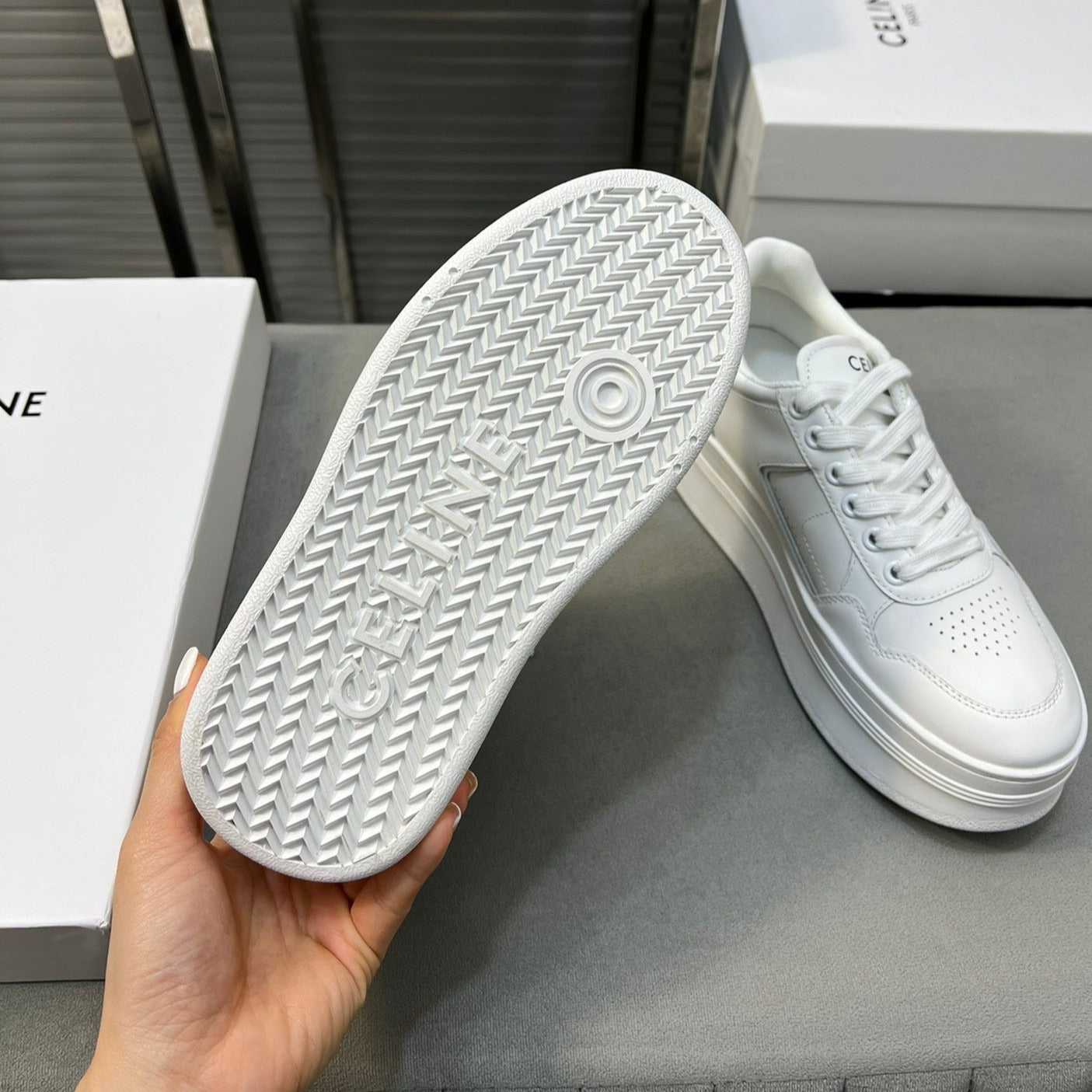 BLOCK SNEAKERS WITH WEDGE OUTSOLE IN CALFSKIN OPTIC WHITE - 35