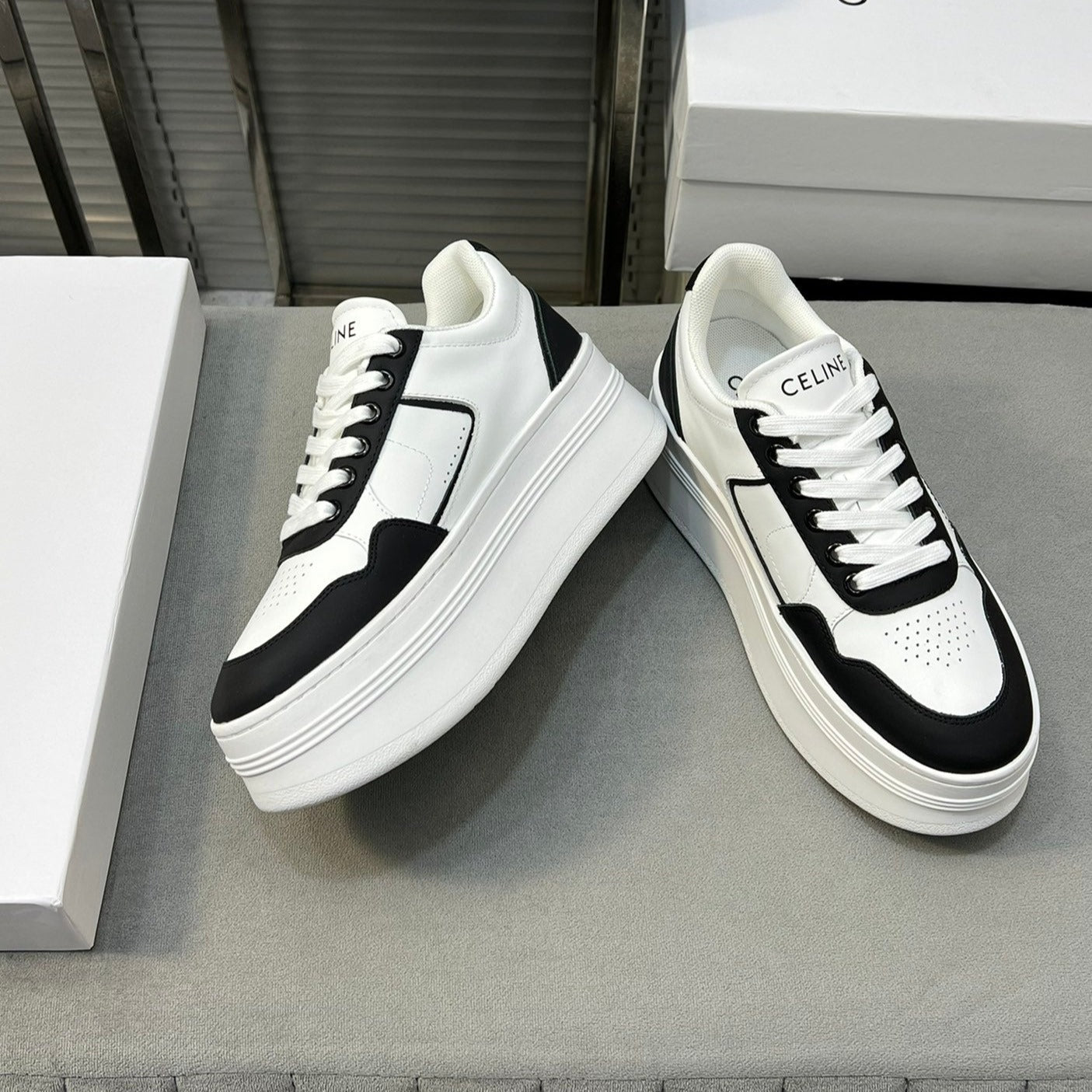 BLOCK SNEAKERS WITH WEDGE OUTSOLE IN CALFSKIN OPTIC BLACK WHITE - 35