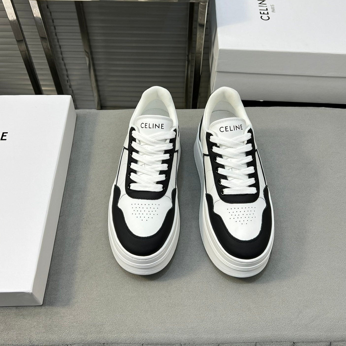 BLOCK SNEAKERS WITH WEDGE OUTSOLE IN CALFSKIN OPTIC BLACK WHITE - 35