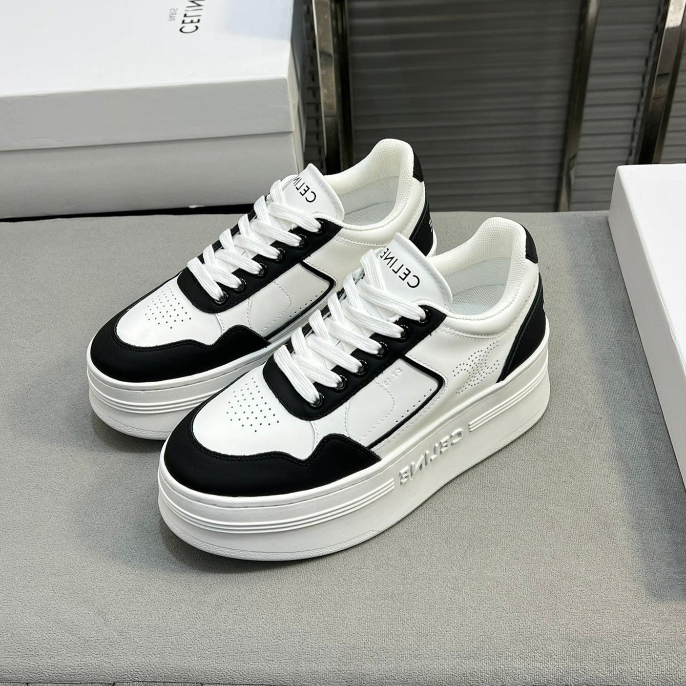 BLOCK SNEAKERS WITH WEDGE OUTSOLE IN CALFSKIN OPTIC BLACK WHITE - 35