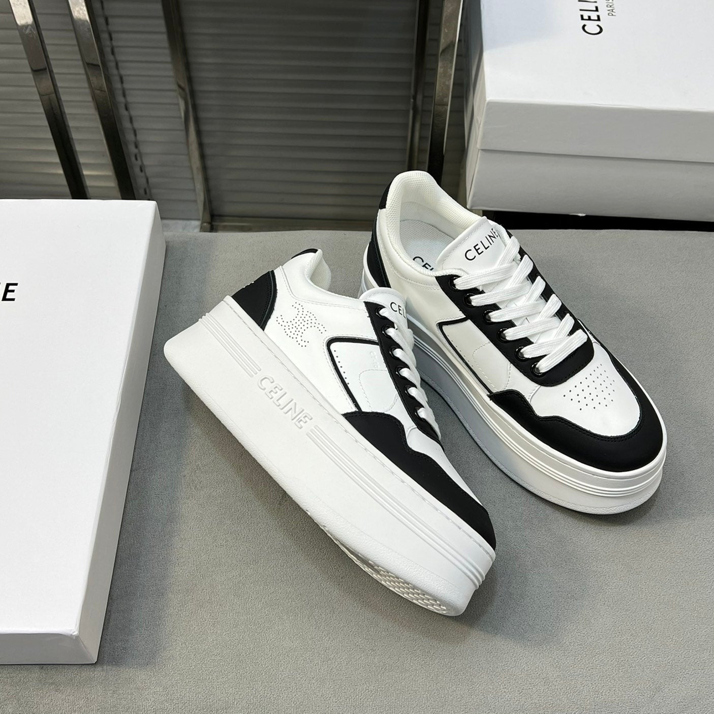 BLOCK SNEAKERS WITH WEDGE OUTSOLE IN CALFSKIN OPTIC BLACK WHITE - 35