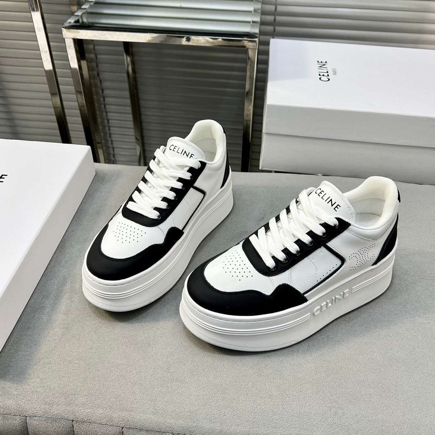 BLOCK SNEAKERS WITH WEDGE OUTSOLE IN CALFSKIN OPTIC BLACK WHITE - 35