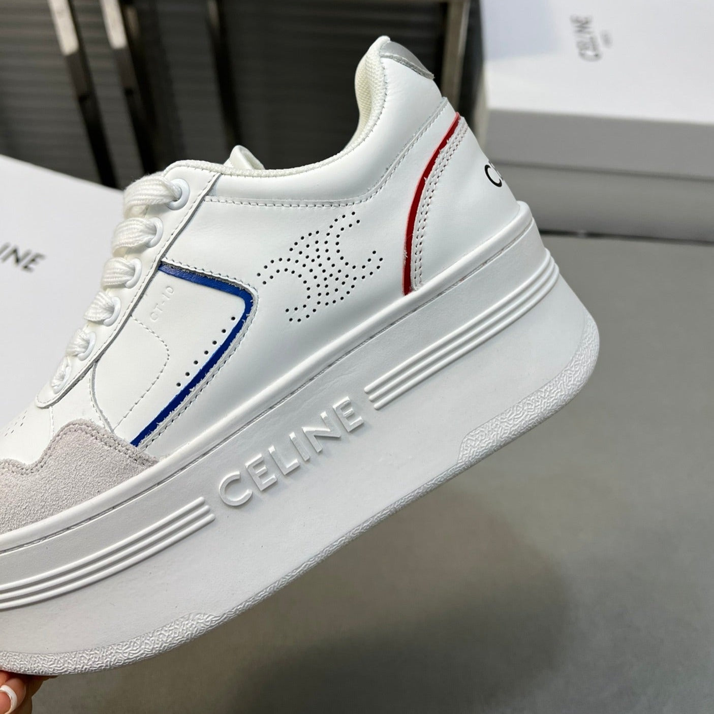 BLOCK SNEAKERS WITH WEDGE OUTSOLE IN CALFSKIN OPTIC WHITE/BLUE/RED/SILVER - 35