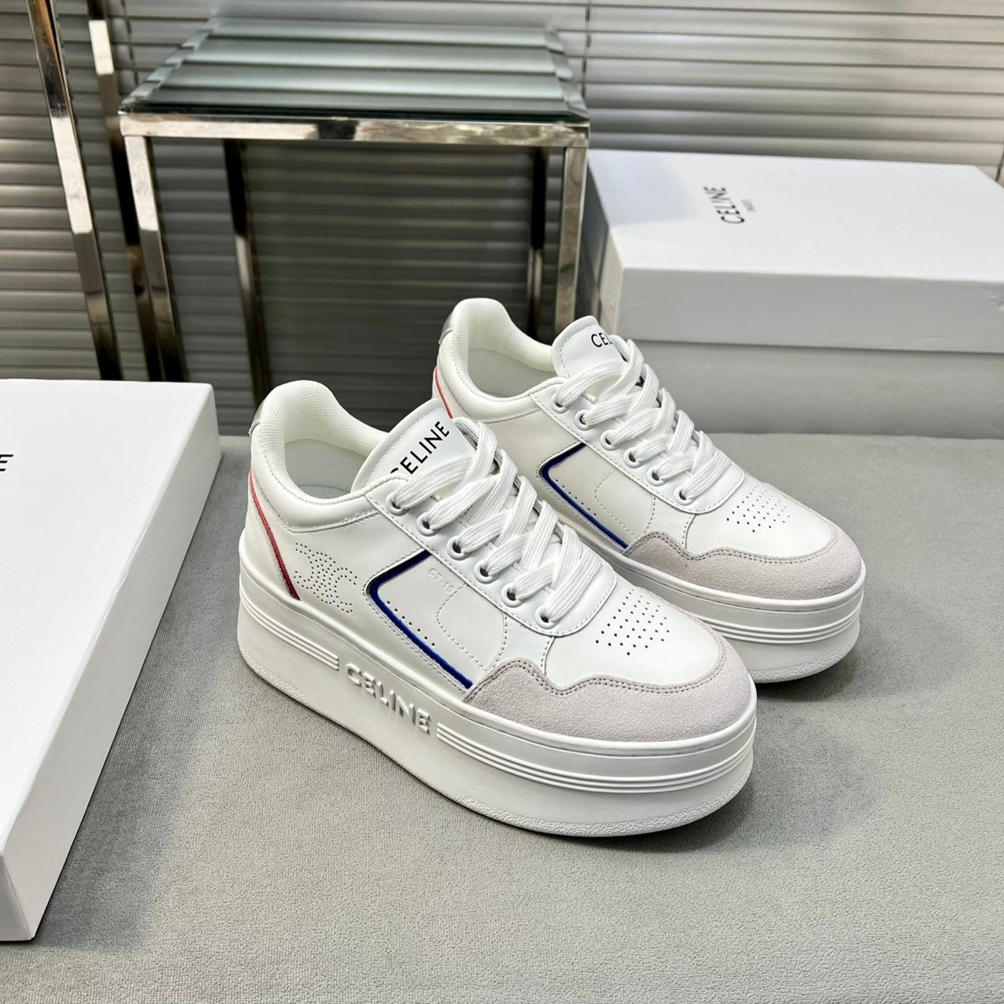 BLOCK SNEAKERS WITH WEDGE OUTSOLE IN CALFSKIN OPTIC WHITE/BLUE/RED/SILVER - 35