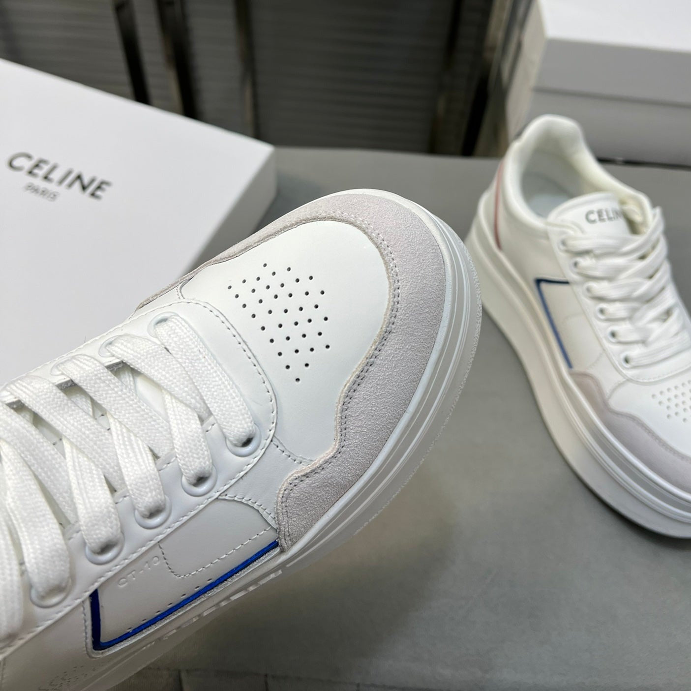 BLOCK SNEAKERS WITH WEDGE OUTSOLE IN CALFSKIN OPTIC WHITE/BLUE/RED/SILVER - 35
