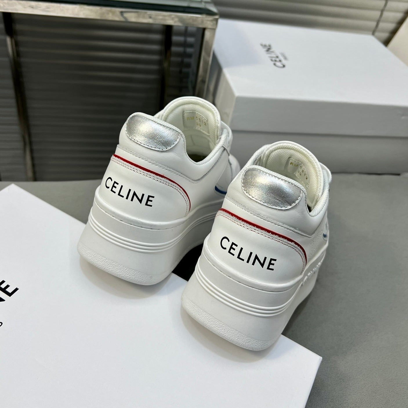 BLOCK SNEAKERS WITH WEDGE OUTSOLE IN CALFSKIN OPTIC WHITE/BLUE/RED/SILVER - 35