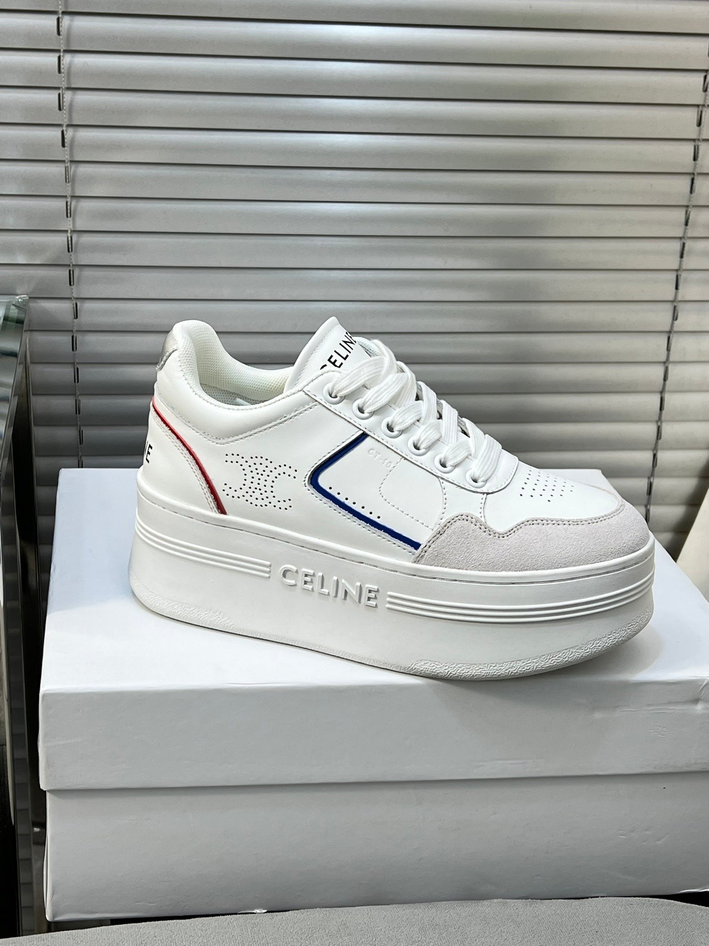 BLOCK SNEAKERS WITH WEDGE OUTSOLE IN CALFSKIN OPTIC WHITE/BLUE/RED/SILVER - 35