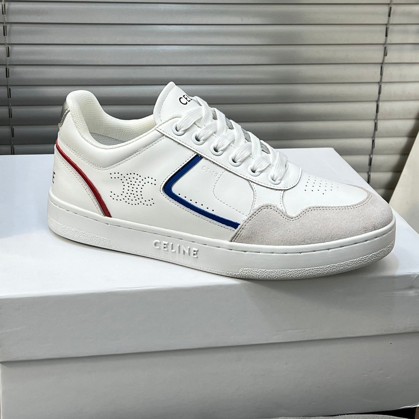 TRAINER LOW LACE-UP SNEAKER IN CALFSKIN, LAMINATED CALFSKIN AND SUEDE CALFSKIN OPTIC WHITE/BLUE/RED/SILVER - 35