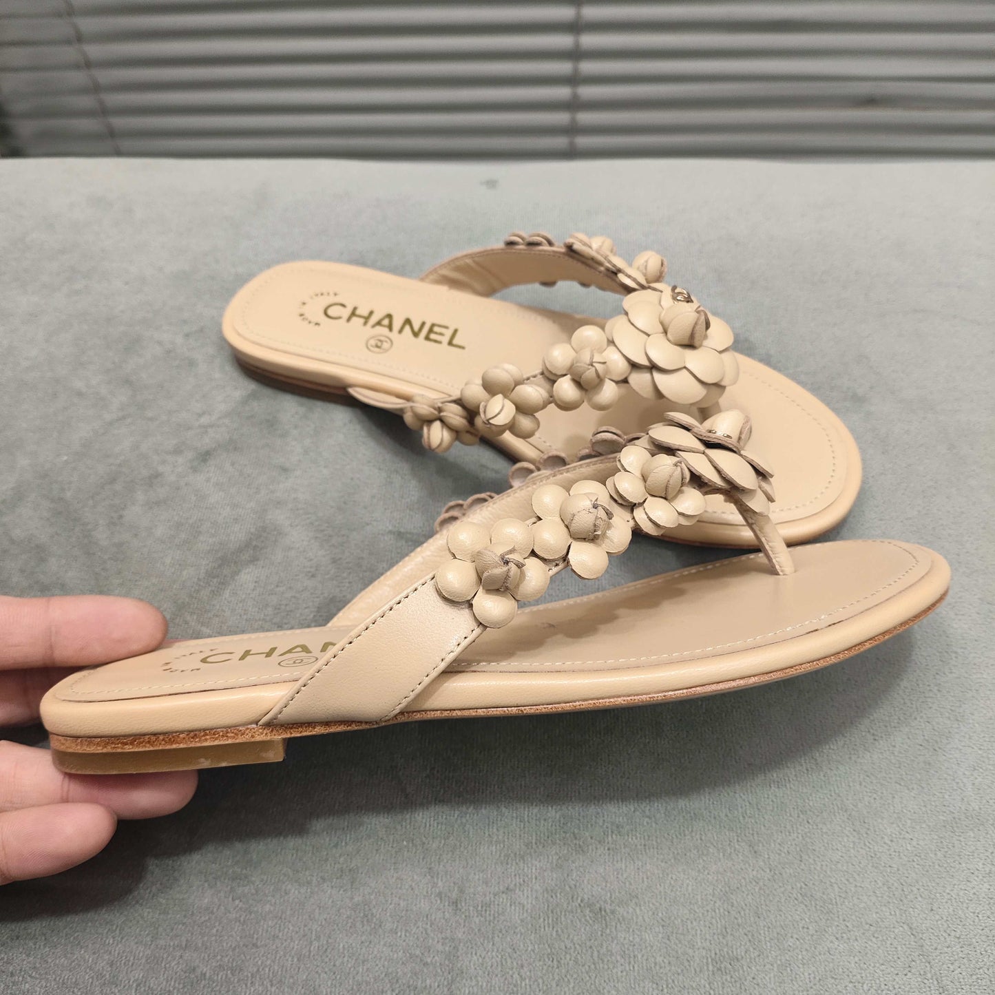 THONG SLIPPERS CAMELLIA IN BEIGE CALFSKIN - 35
