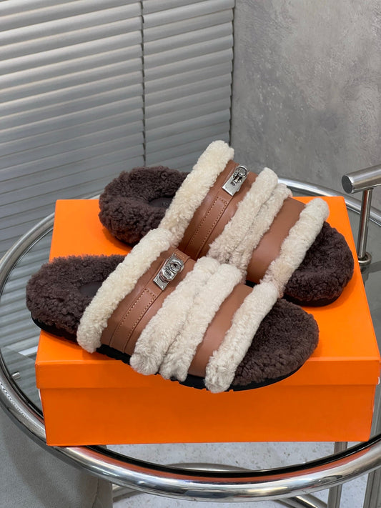 HM 25S SANDAL IN BEIGE WOOL AND BROWN LAMBSKIN WITH SILVER HARDWARE - 35