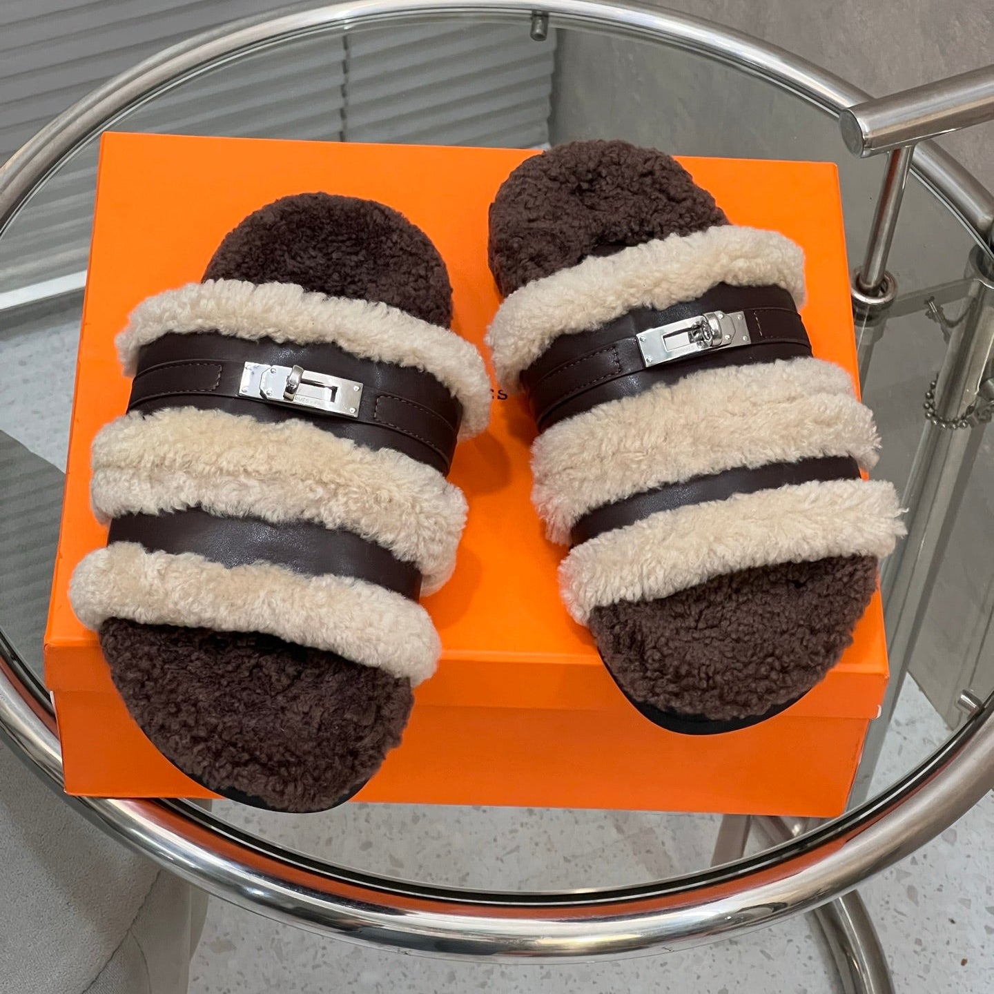 HM 25S SANDAL IN BEIGE WOOL AND DARK BROWN LAMBSKIN WITH SILVER HARDWARE - 35