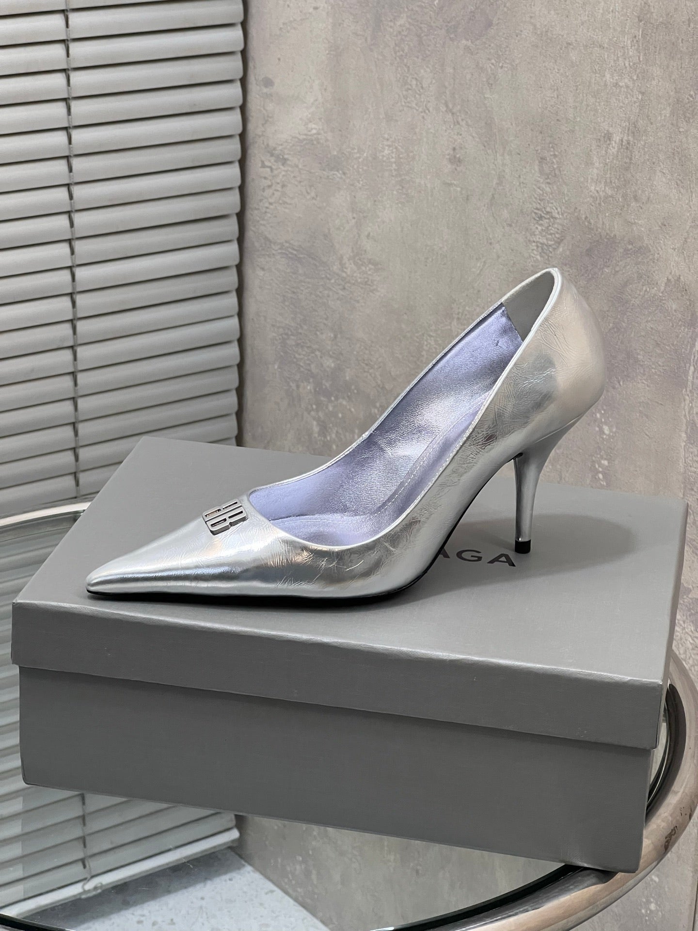 BALENCIAGA 25S HIGH-HEEL SHOES 85 MM IN SILVER COW LEATHER - 35