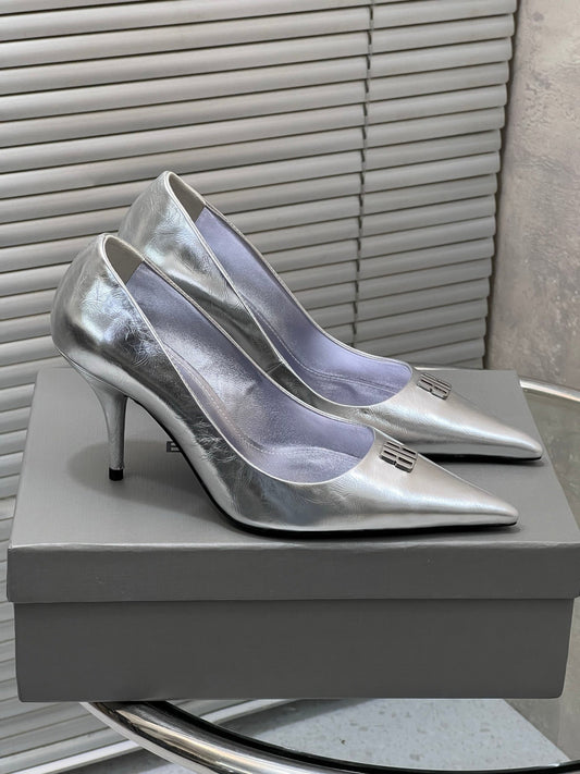 BALENCIAGA 25S HIGH-HEEL SHOES 85 MM IN SILVER COW LEATHER - 35