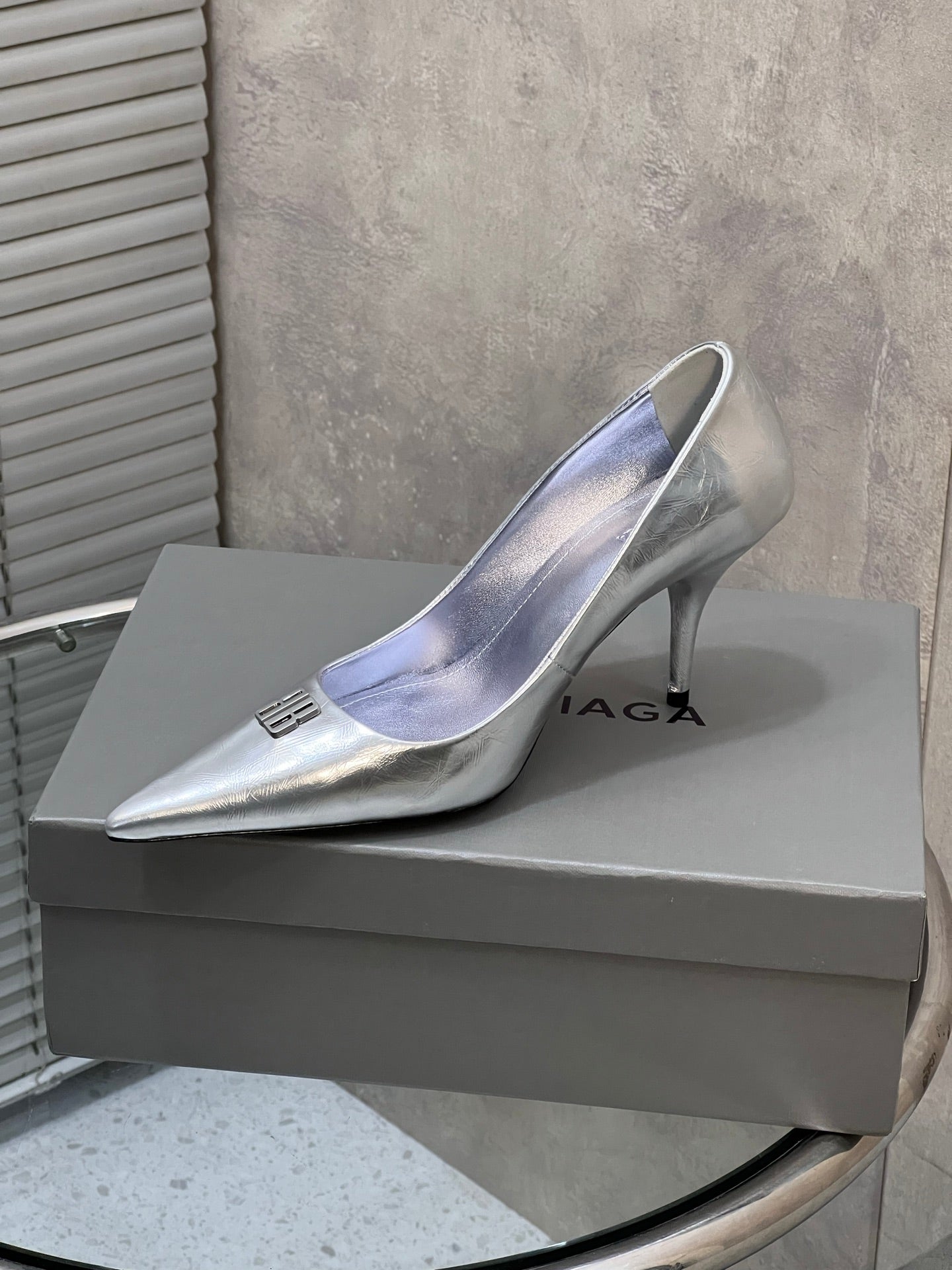 BALENCIAGA 25S HIGH-HEEL SHOES 85 MM IN SILVER COW LEATHER - 35