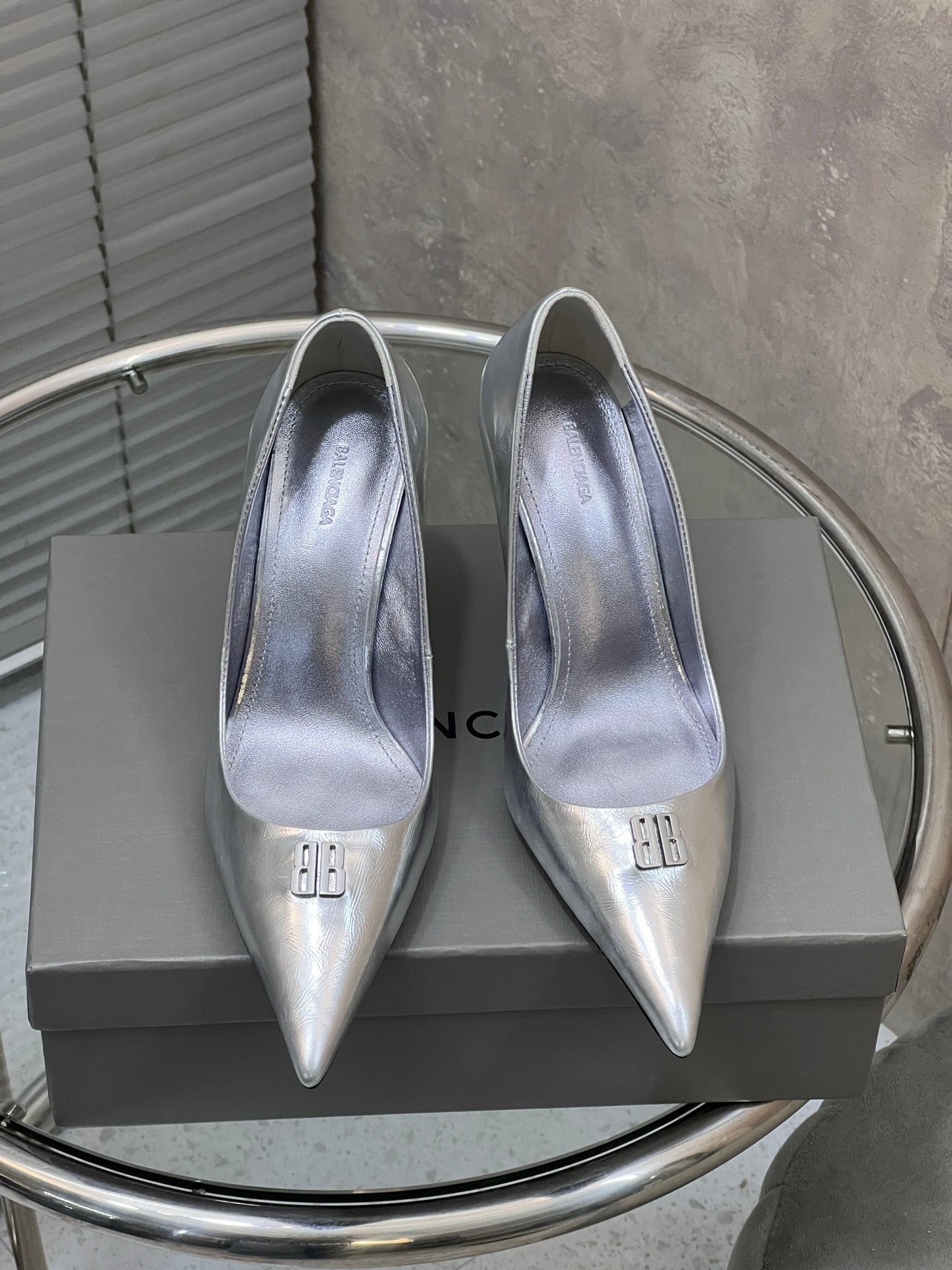 BALENCIAGA 25S HIGH-HEEL SHOES 85 MM IN SILVER COW LEATHER - 35