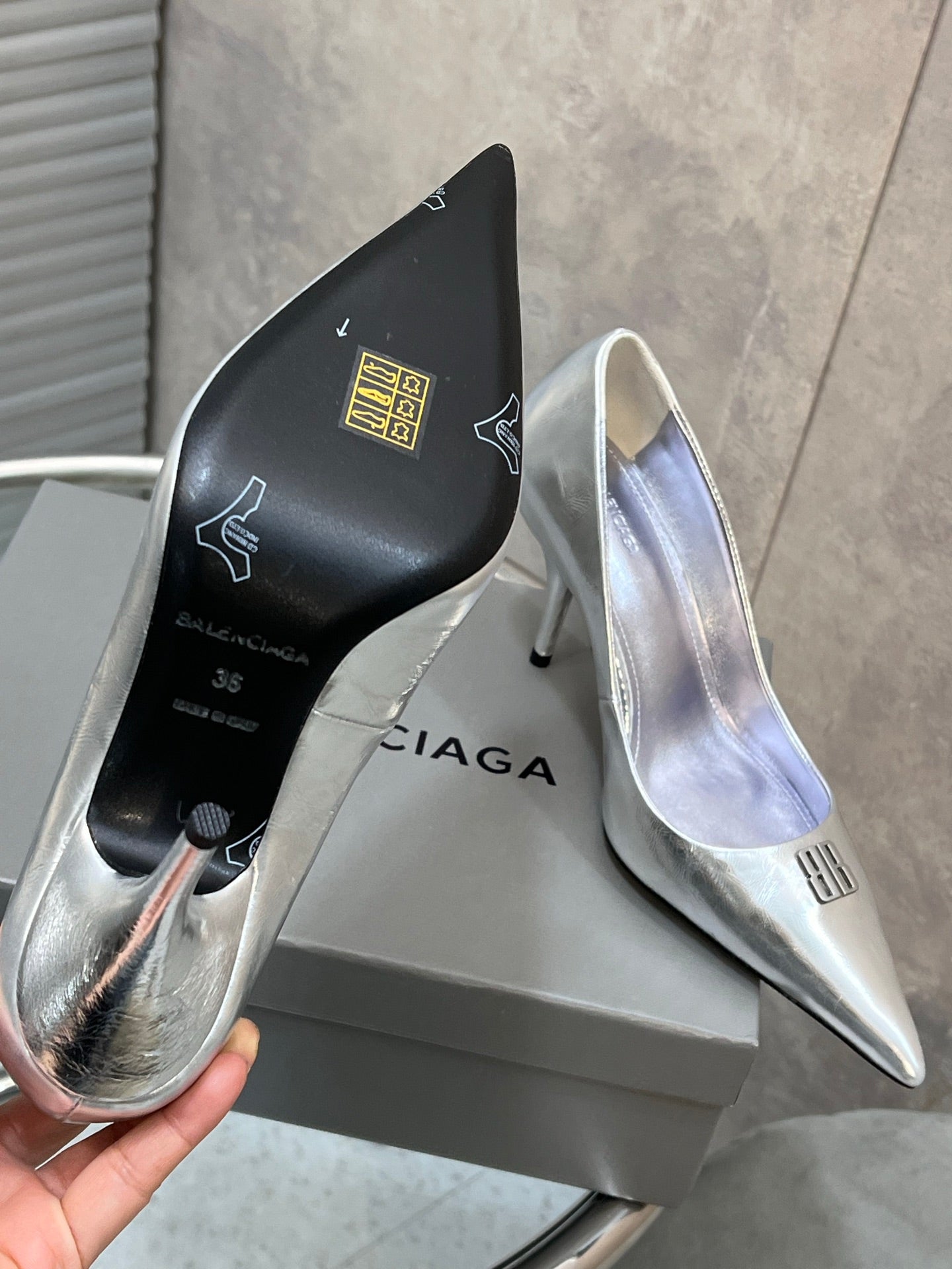 BALENCIAGA 25S HIGH-HEEL SHOES 85 MM IN SILVER COW LEATHER - 35
