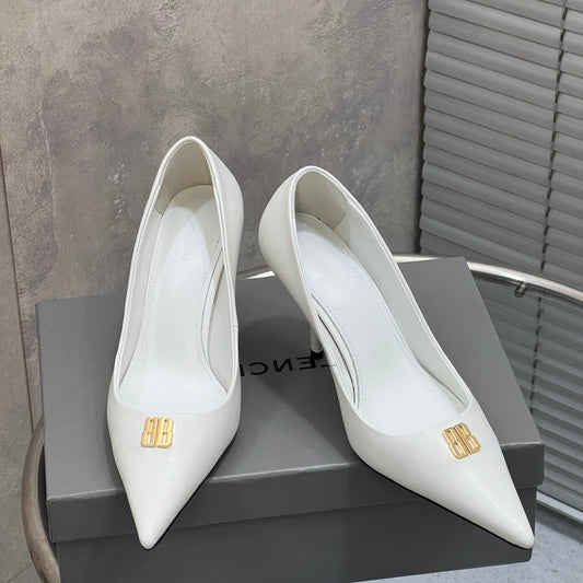 BALENCIAGA 25S HIGH-HEEL SHOES 85 MM IN WHITE COW LEATHER WITH GOLD HARDWARE - 35
