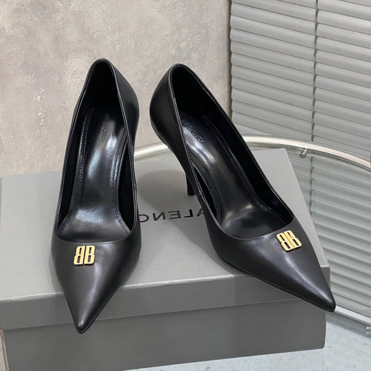 BALENCIAGA 25S HIGH-HEEL SHOES 85 MM IN BLACK COW LEATHER WITH GOLD HARDWARE - 35