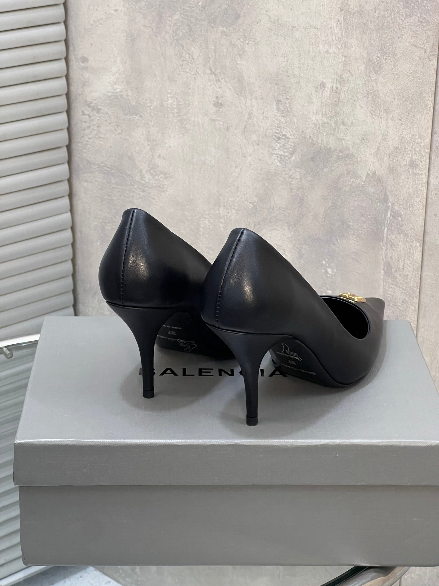 BALENCIAGA 25S HIGH-HEEL SHOES 85 MM IN BLACK COW LEATHER WITH GOLD HARDWARE - 35