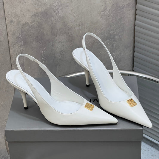 BALENCIAGA 25S HIGH-HEEL SLINGBACK 85 MM IN WHITE COW LEATHER WITH GOLD HARDWARE - 35