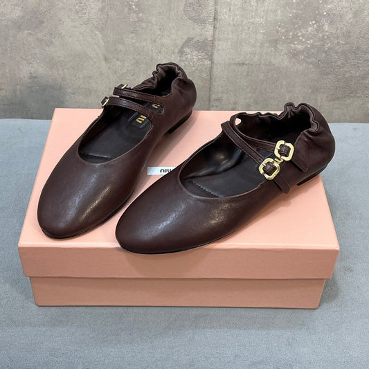 MIUMIU 26S БАЛЕТКИ МЕРІ ДЖЕЙН З ПОДВІЙНИМ РЕМІНЦЕМ З ТЕМНО-КОРИЧНЕВОЇ ОВЕЧОЇ ШКІРИ
