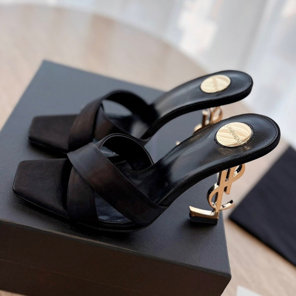 OPYUM OPEN TOE HIGH 10 CM MULES IN BLACK CALFSKIN - 35