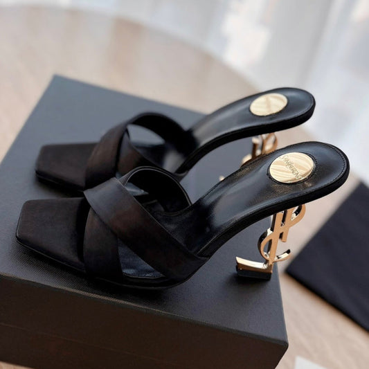 OPYUM OPEN TOE HIGH 10 CM MULES IN BLACK CALFSKIN - 35