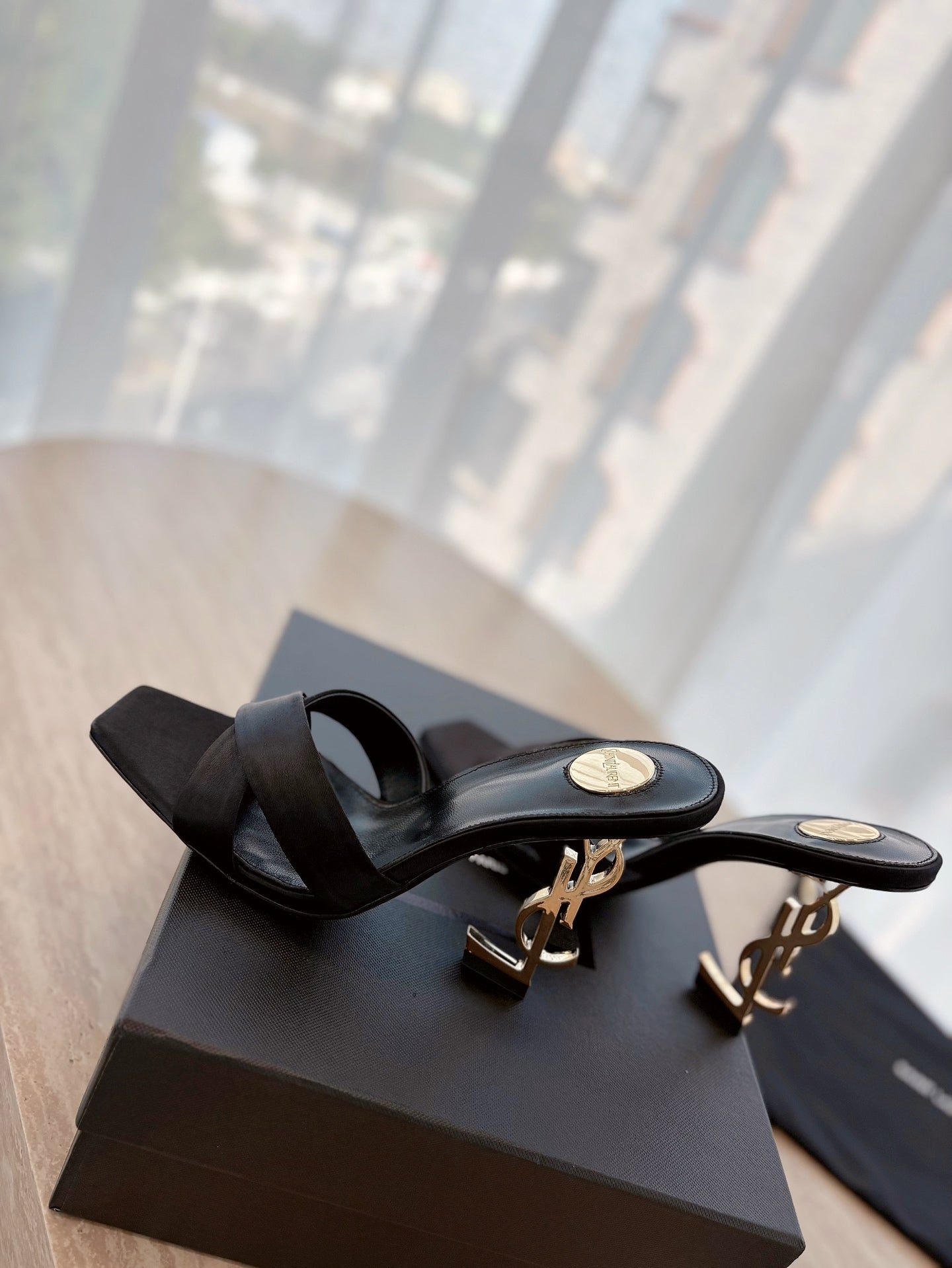 OPYUM OPEN TOE HIGH 10 CM MULES IN BLACK CALFSKIN - 35
