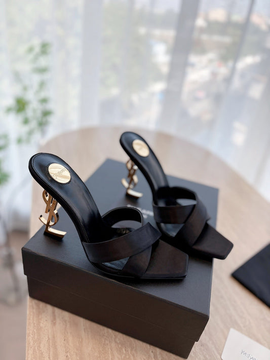 OPYUM OPEN TOE HIGH 10 CM MULES IN BLACK CALFSKIN - 35