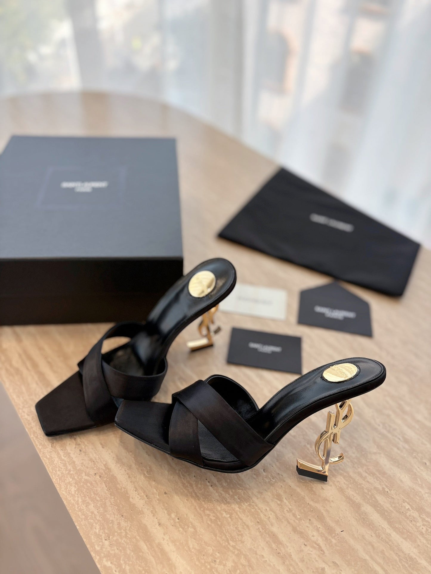 OPYUM OPEN TOE HIGH 10 CM MULES IN BLACK CALFSKIN - 35