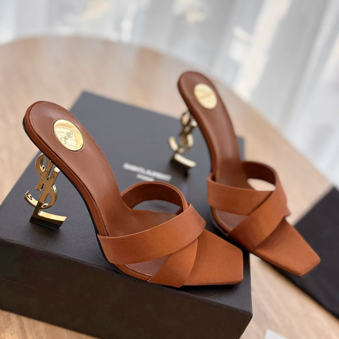 OPYUM OPEN TOE HIGH 10 CM MULES IN BRONZE BROWN CALFSKIN - 35
