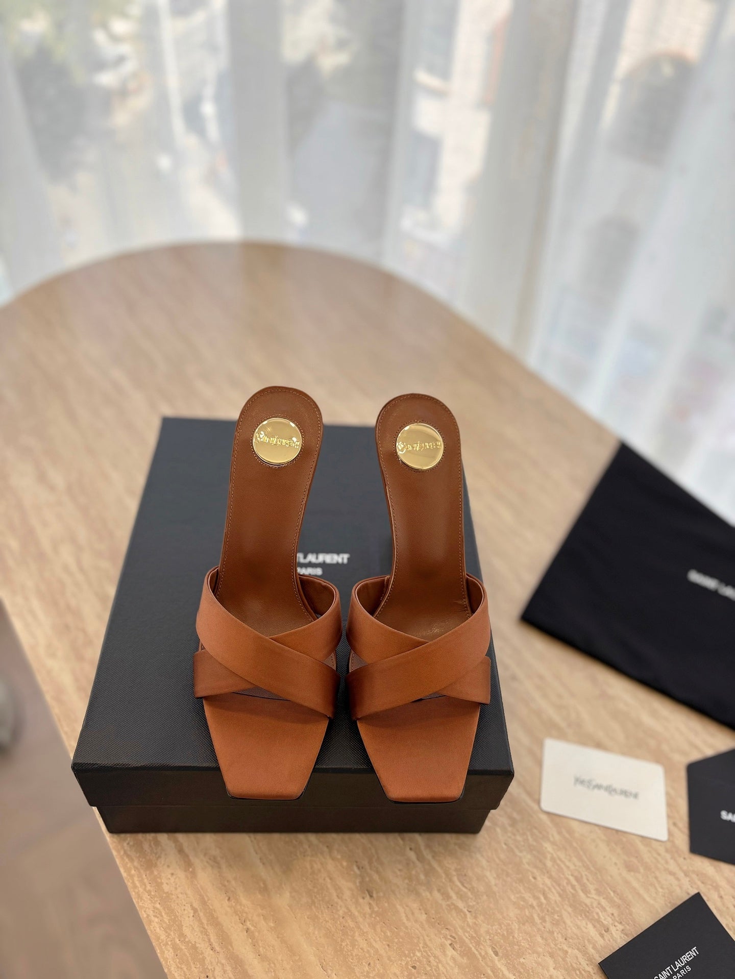 OPYUM OPEN TOE HIGH 10 CM MULES IN BRONZE BROWN CALFSKIN - 35