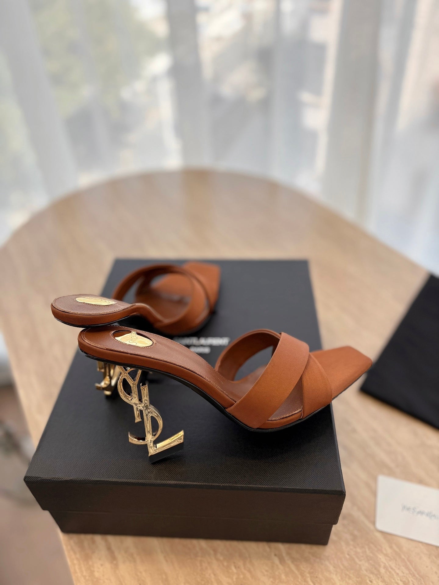 OPYUM OPEN TOE HIGH 10 CM MULES IN BRONZE BROWN CALFSKIN - 35