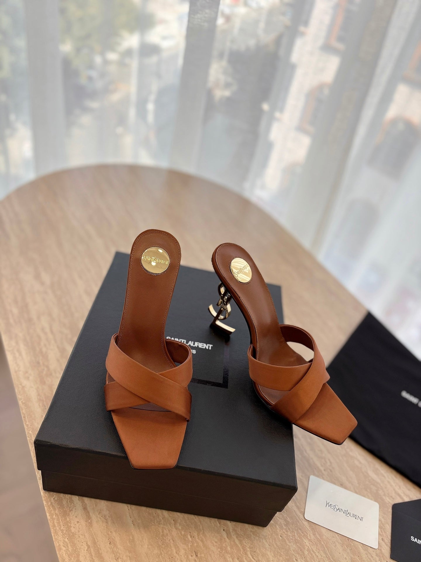 OPYUM OPEN TOE HIGH 10 CM MULES IN BRONZE BROWN CALFSKIN - 35
