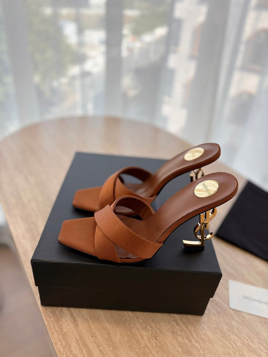 OPYUM OPEN TOE HIGH 10 CM MULES IN BRONZE BROWN CALFSKIN - 35
