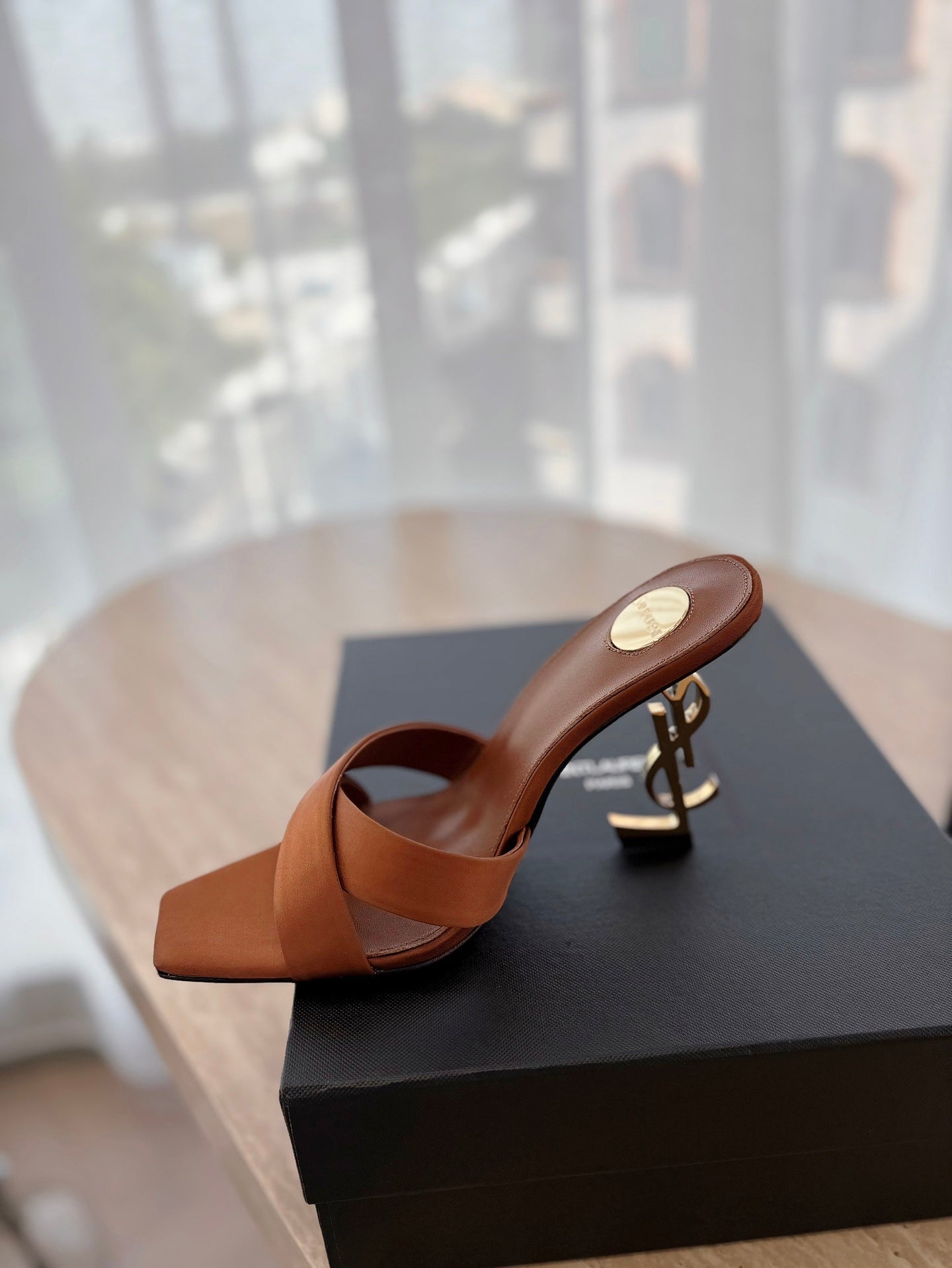 OPYUM OPEN TOE HIGH 10 CM MULES IN BRONZE BROWN CALFSKIN - 35