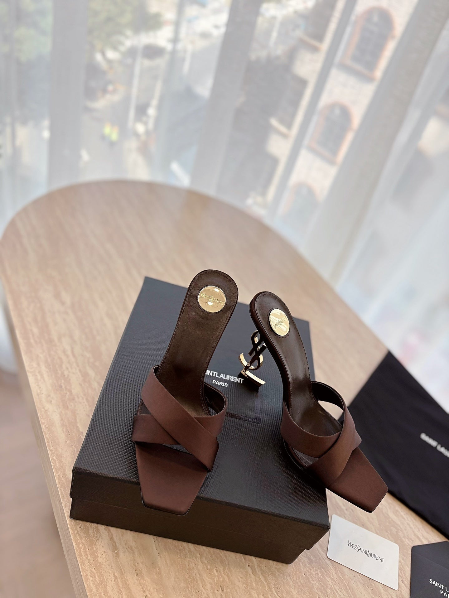 OPYUM OPEN TOE HIGH 10 CM MULES IN CHOCOLATE BROWN CALFSKIN - 35