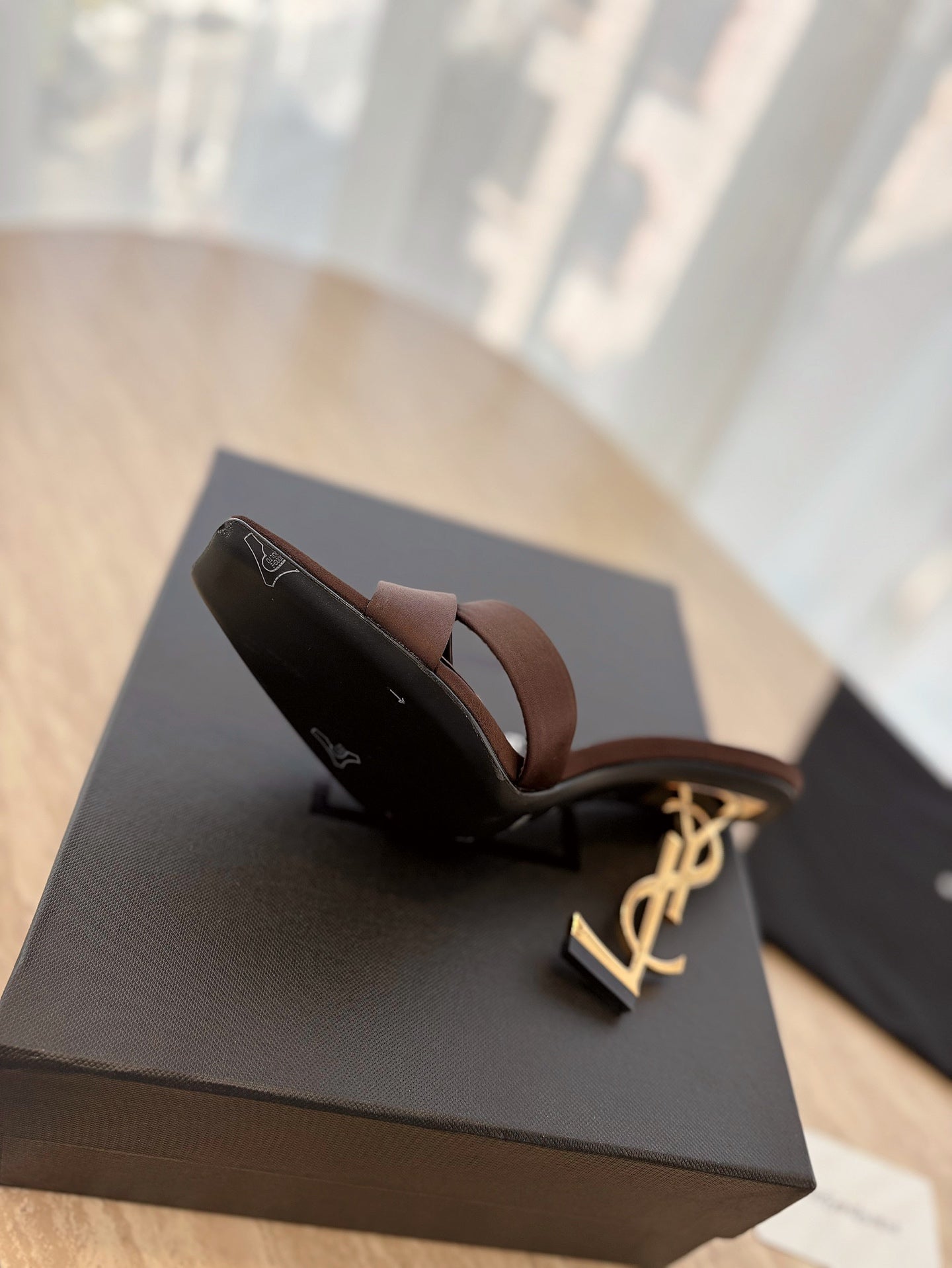 OPYUM OPEN TOE HIGH 10 CM MULES IN CHOCOLATE BROWN CALFSKIN - 35