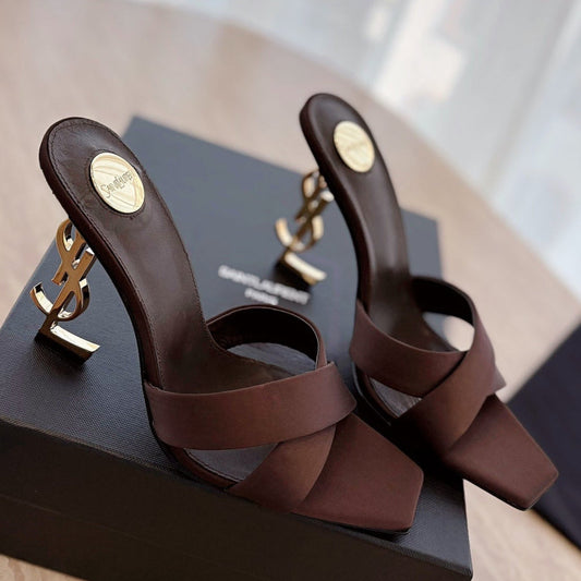 OPYUM OPEN TOE HIGH 10 CM MULES IN CHOCOLATE BROWN CALFSKIN - 35