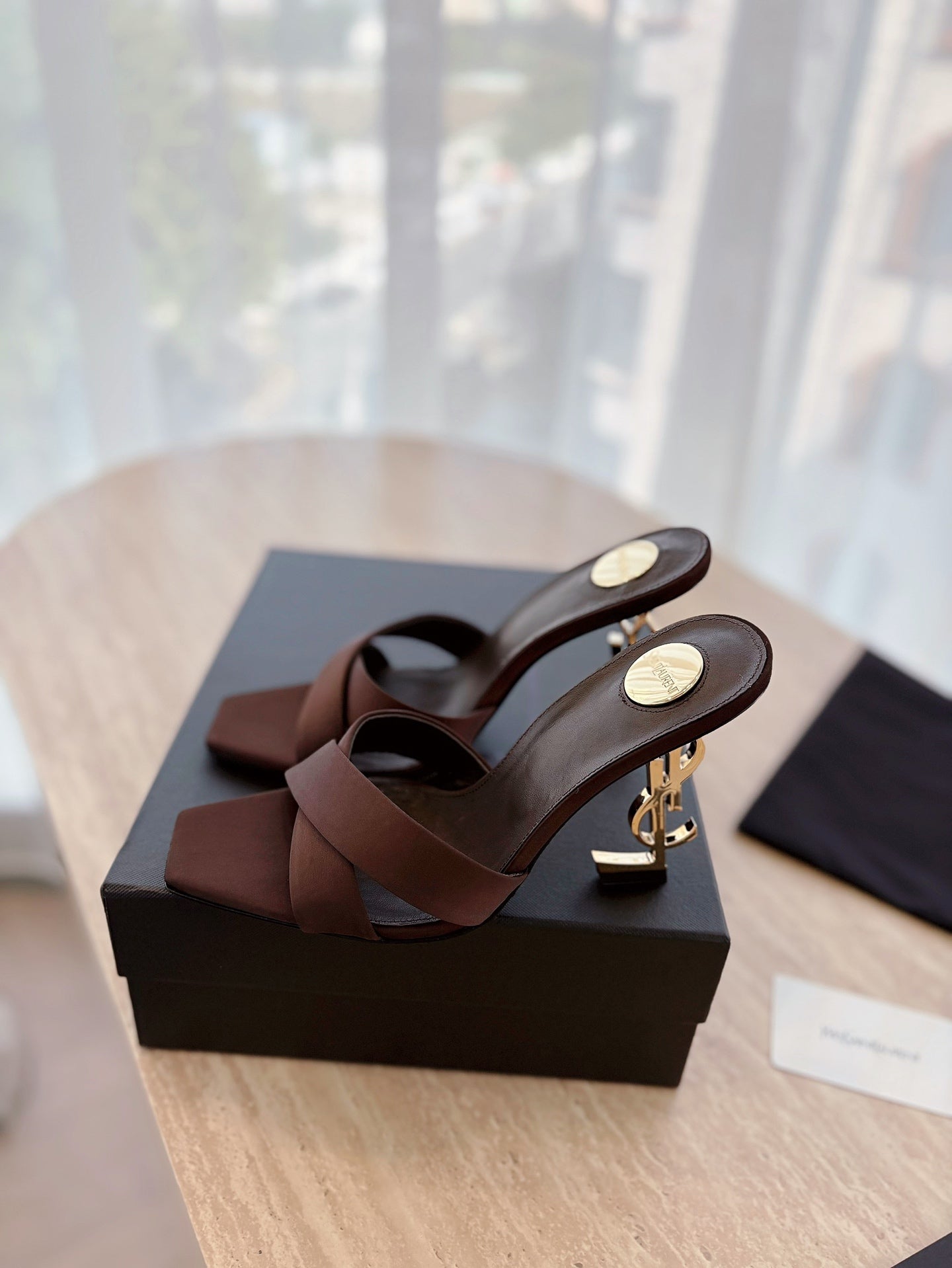 OPYUM OPEN TOE HIGH 10 CM MULES IN CHOCOLATE BROWN CALFSKIN - 35