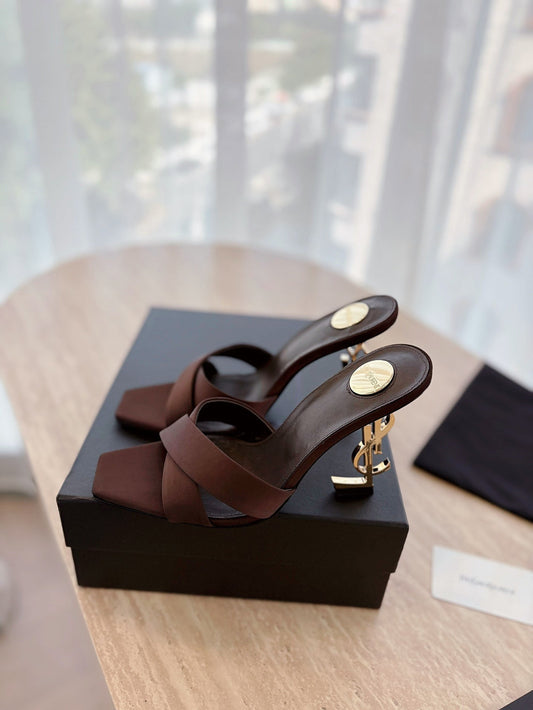 OPYUM OPEN TOE HIGH 10 CM MULES IN CHOCOLATE BROWN CALFSKIN - 35