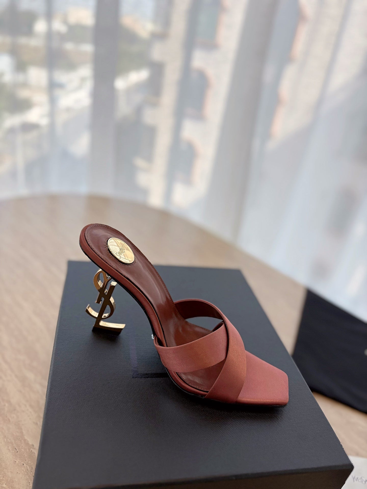 OPYUM OPEN TOE HIGH 10 CM MULES IN MARS RED CALFSKIN - 35