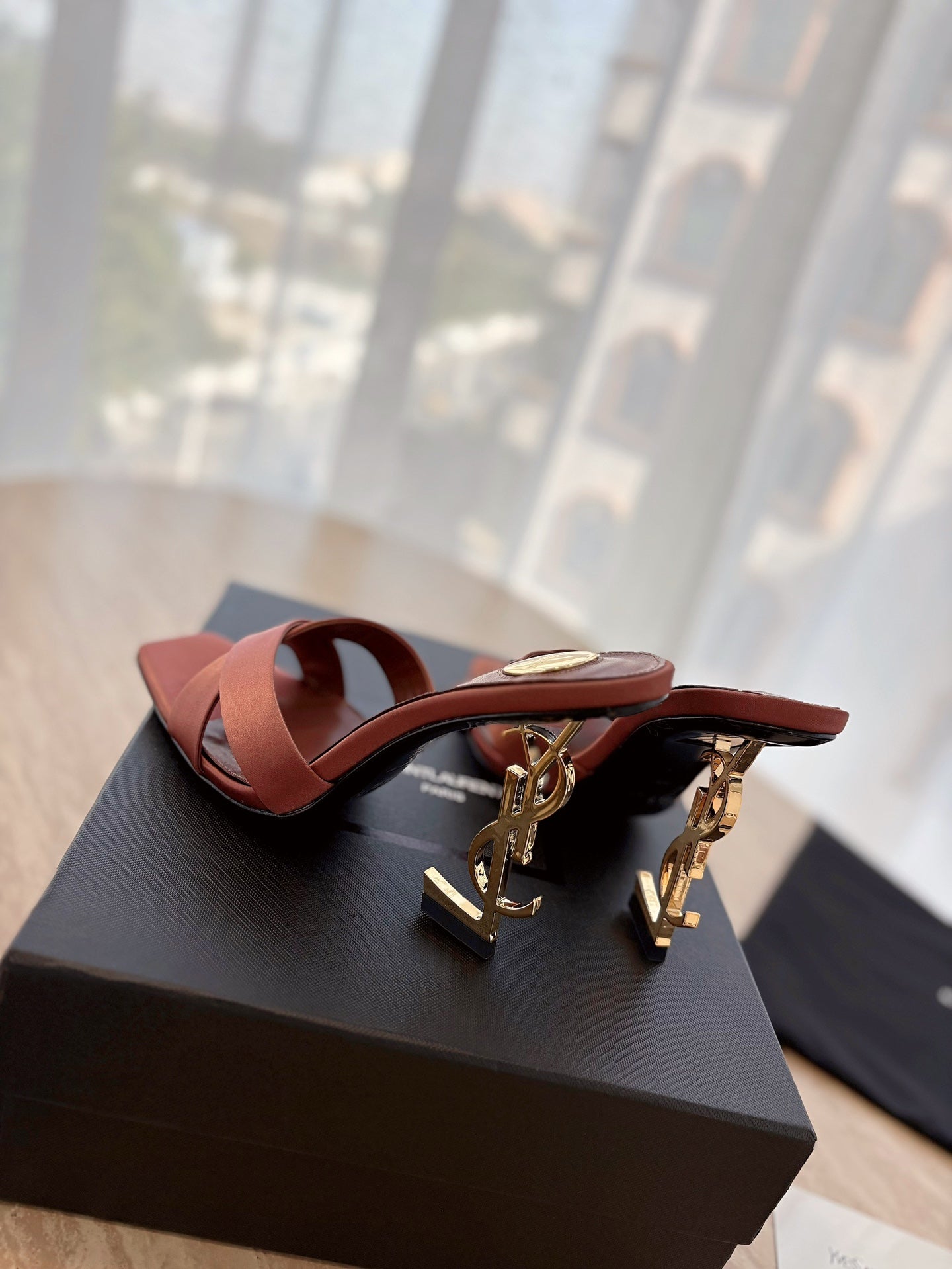 OPYUM OPEN TOE HIGH 10 CM MULES IN MARS RED CALFSKIN - 35