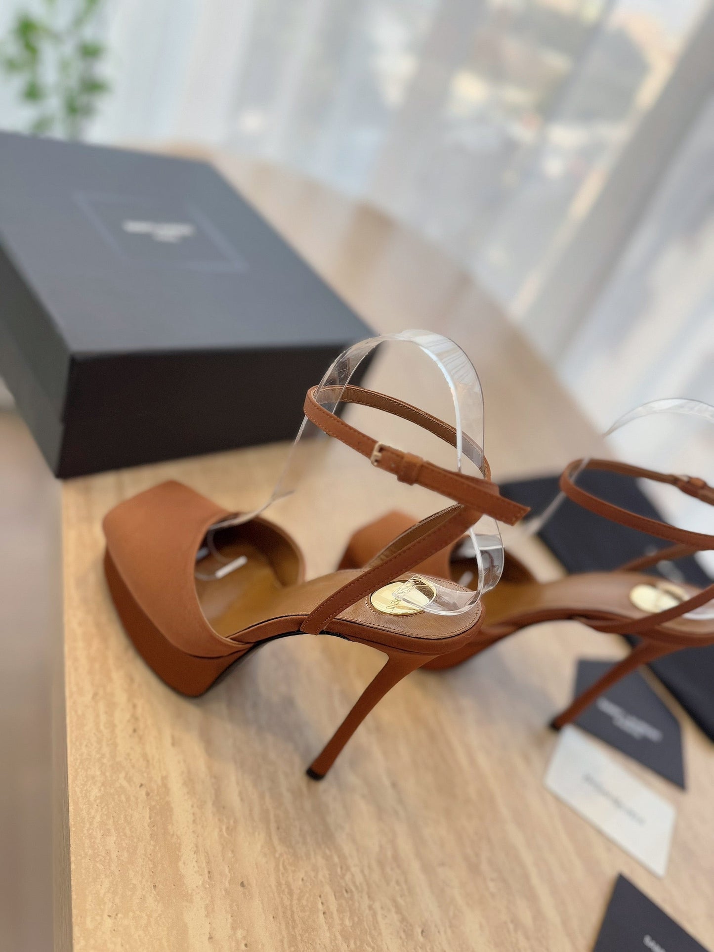 LA SCANDALE HIGH 14 CM PLATFORM SANDALS IN BRONZE BROWN SATIN CREPE - 35