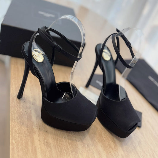 LA SCANDALE HIGH 14 CM PLATFORM SANDALS IN BLACK SATIN CREPE - 35