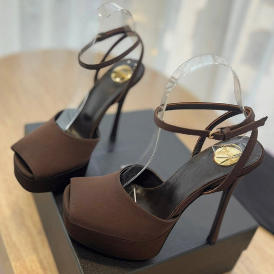 LA SCANDALE HIGH 14 CM PLATFORM SANDALS IN CHOCOLATE BROWN SATIN CREPE - 35