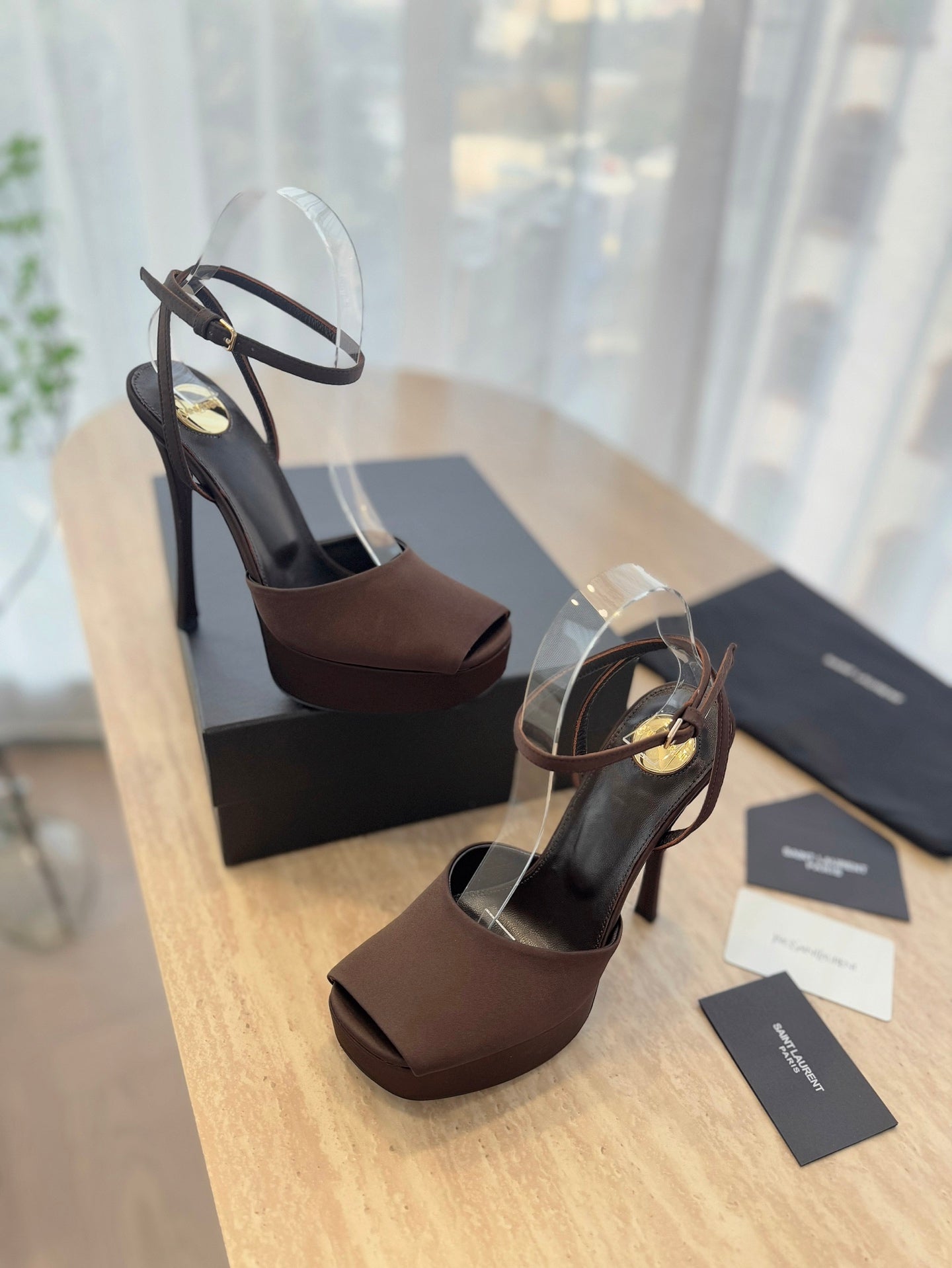 LA SCANDALE HIGH 14 CM PLATFORM SANDALS IN CHOCOLATE BROWN SATIN CREPE - 35