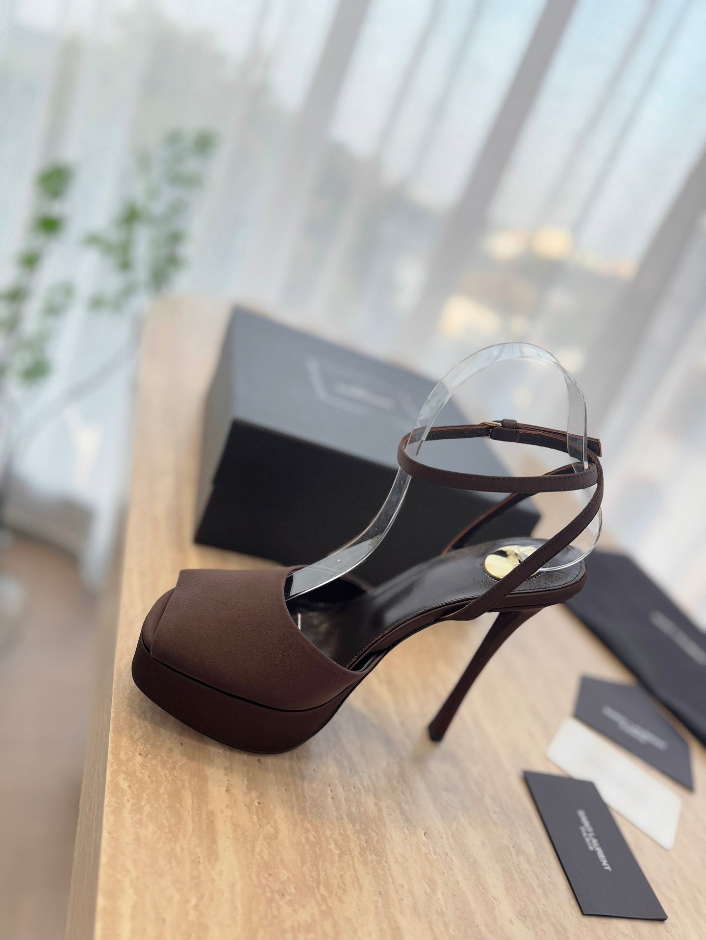 LA SCANDALE HIGH 14 CM PLATFORM SANDALS IN CHOCOLATE BROWN SATIN CREPE - 35