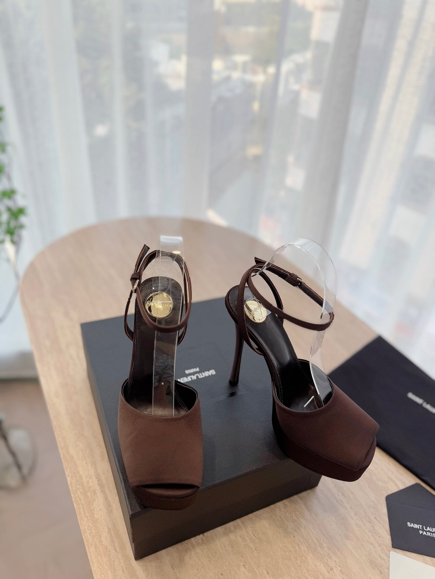 LA SCANDALE HIGH 14 CM PLATFORM SANDALS IN CHOCOLATE BROWN SATIN CREPE - 35